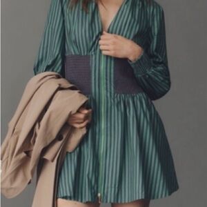 The Tommie Long-Sleeve Smocked Front-Zip Mini Shirt Dress Green Stripe Size L